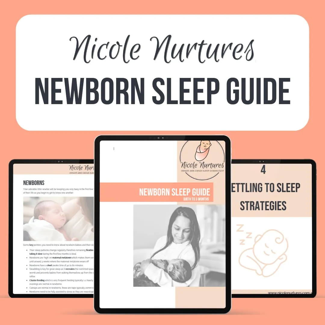 The Newborn Sleep Guide cover, shown on a tablet with sample pages beside it